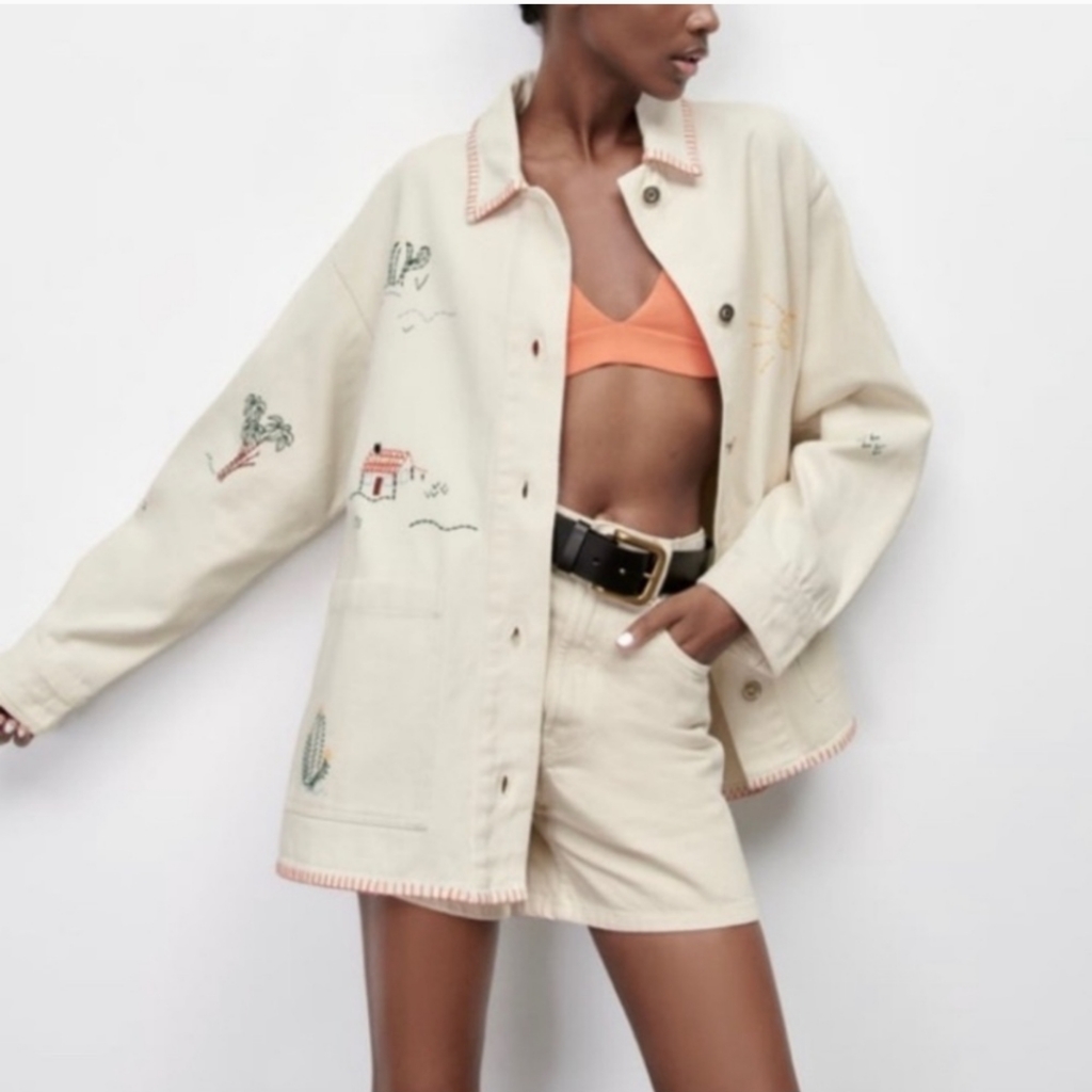 Zara Oversized Embroidered Bohemian White Denim Jacket, Nwt